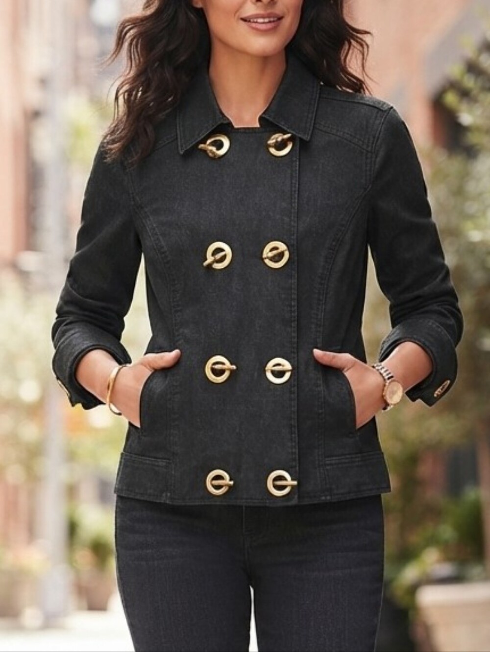 Dana Buchman Black Denim Double-Breasted Jacket Gold Toggles Sz 10